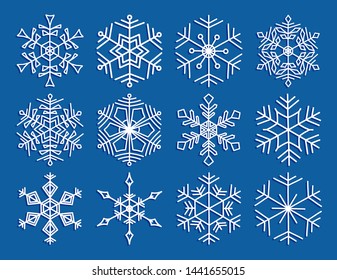 Snowflake icon set. White doodle  snowflakes icons with delicate shades. Vector illustration for design print paper