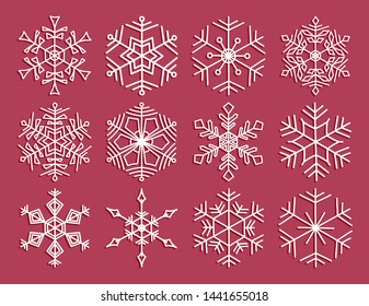 Snowflake icon set. White doodle  snowflakes icons with delicate shades. Vector illustration for design print paper