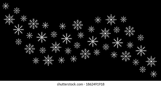 Juego de iconos de copo de nieve. Banner de la línea de los copos de nieve de la ola blanca. Feliz Navidad. Símbolo de signo de la decoración de Año Nuevo Feliz. Artesanía de papel de Navidad. Flake de nieve. Forma de estrella congelada. Fondo negro. Diseño plano. Vector