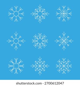 Snowflake icon set. Winter decoration vector set. Collection of white geometric snowflakes on blue background. Snowflake vector illustration for design and print.