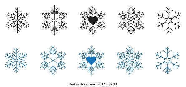 Conjunto de iconos de copo de nieve. Símbolos de vacaciones de invierno para Navidades y año nuevo