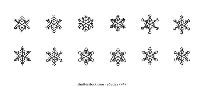 Conjunto de iconos de copo de nieve: símbolos de contorno de copos de nieve de invierno, cristales de hielo congelados, Elementos de Clima frío, Ilustración vectorial aislada sobre fondo blanco