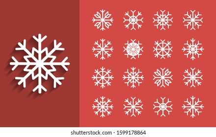 Snowflake icon. sign design. red background. Long shadow. Ornament of beautiful snowflakes.