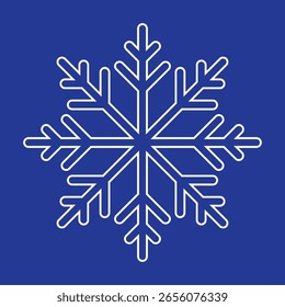 Icono de copo de nieve simple Ilustración vectorial de un solo símbolo aislado en un fondo azul. Icono de Navidades. Abstractas logo de nieve helada Clima frío. Precipitaciones de invierno. Símbolo de copo de nieve azul plano. EPS
