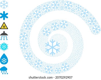 Collage de movimiento en espiral de iconos de copo de nieve. Los elementos de copo de nieve se componen en una estructura de mosaico espiral. Espiral de objetos diseñada a partir de elementos de copo de nieve asignados aleatoriamente. Algunos iconos de bonificación están diseñados.