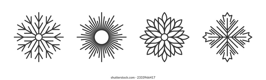 Snowflake icon, sun icon, flower icon, and maple leaf icons silhouette vector design illustration