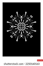 Snowflake icon. Symmetrical black and white pattern, ornament. One white snowflake on a black background.  Symbol of frost, snow, winter. Design element of New Year, Christmas card, greeting. Vector