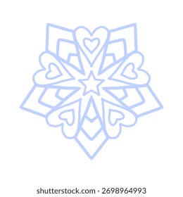 Snowflake icon vector. Detailed icy blue line art symbol with star center, isolated on white. Perfect for winter decor, Christmas cards, stickers, logo, and digital design.