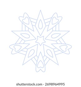 Snowflake icon vector. Detailed icy blue line art symbol with star center, isolated on white. Perfect for winter decor, Christmas cards, stickers, logo, and digital design.