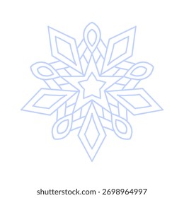 Snowflake icon vector. Detailed icy blue line art symbol with star center, isolated on white. Perfect for winter decor, Christmas cards, stickers, logo, and digital design.