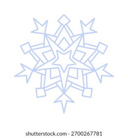 Snowflake icon vector. Detailed icy blue line art symbol with star center, isolated on white. Perfect for winter decor, Christmas cards, stickers, logo, and digital design.