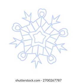 Snowflake icon vector. Detailed icy blue line art symbol with star center, isolated on white. Perfect for winter decor, Christmas cards, stickers, logo, and digital design.