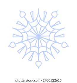 Snowflake icon vector. Detailed icy blue line art symbol with star center, isolated on white. Perfect for winter decor, Christmas cards, stickers, logo, and digital design.