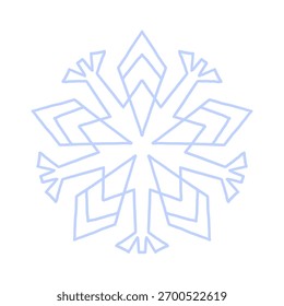 Snowflake icon vector. Detailed icy blue line art symbol with star center, isolated on white. Perfect for winter decor, Christmas cards, stickers, logo, and digital design.