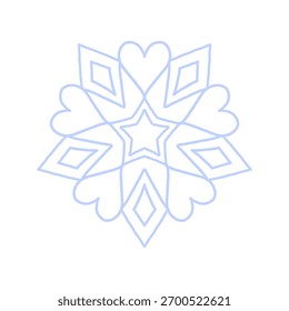 Snowflake icon vector. Detailed icy blue line art symbol with star center, isolated on white. Perfect for winter decor, Christmas cards, stickers, logo, and digital design.