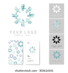 Snowflake icon and visit card set, elements for corporate identity. Snowflake consists of people who are in circle.