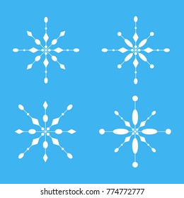 Snowflake icon. White silhouette snow flake sign, isolated on blue background. Flat design. Symbol of winter, frozen, Christmas, New Year holiday. Graphic element decoration.