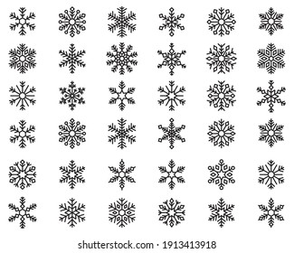 snowflake icons collection  in line style isolated on white background.  New year design elements, frozen symbol, Vector illustration