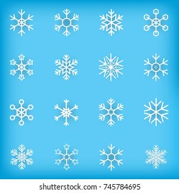 Snowflake icons collection style on light blue background. vector illustration.