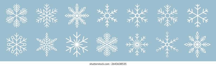 Coleção de ícones do floco de neve. Vetor de floco de neve. Feliz ano novo, Natal. Ícones de flocos de neve. Ornamento de ano novo