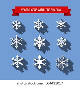 Snowflake icons. long shadow style, vector graphic set