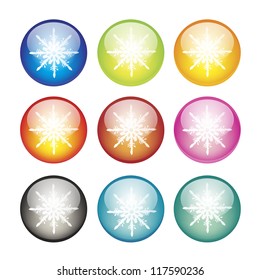 Snowflake icons on spherical background. 3D sphere of snowflake icons set. Collection of color christmas balls with Snowflakes. Vector illustration.