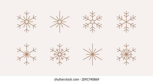 Snowflake icons. Set of 8 geometric shape. Modern linear design sign.  Modern abstract linear shape and new year's traditional decor elements.  