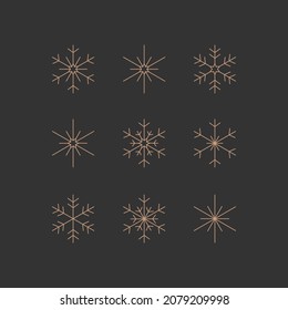 Snowflake icons. Set of 9 geometric shape. Modern linear design print.  Modern abstract linear compositions and graphic design elements.