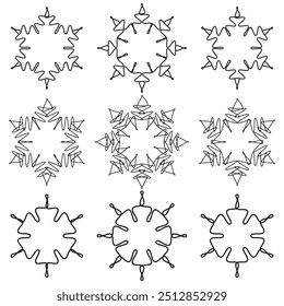 Snowflake icons set. Abstract line art. Black and white vector symbols. Geometric winter patterns.