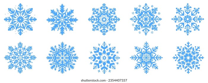 Snowflake icons set. Collection of blue snowflakes on white background. Vector illustration
