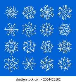 Snowflake icons set with geometric shapes for Christmas ornaments for cold weather winter holiday cards