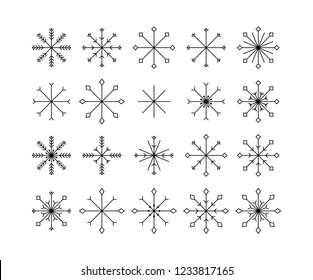 Snowflake icons set  isolated on white background. Linear ornate flat shapes with editable strokes for Merry Christmas banner, cards, Happy New year design