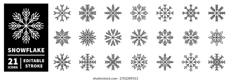 Conjunto de iconos de copo de nieve. estilo de línea, iconos de línea editables, símbolos de invierno y vacaciones