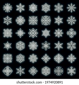 Snowflake icons set. Outline set of snowflake vector icons neon color on black
