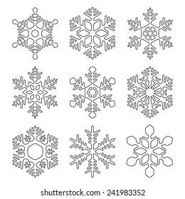 Snowflake icons set, sketch style, vector illustration.