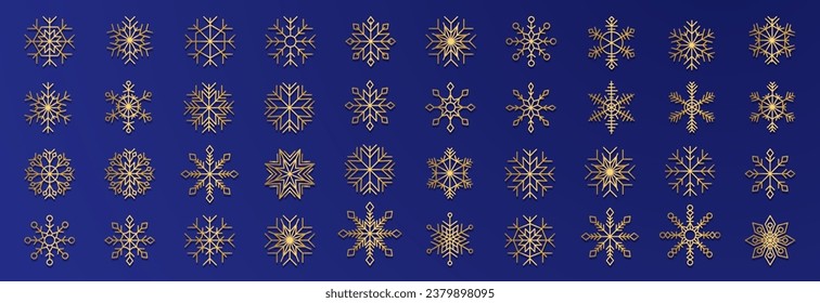 Snowflake icons set. Winter snowflake silhouette collection for design Christmas and New Year greeting cards and banners. Holiday decoration elements isolated on blue background.