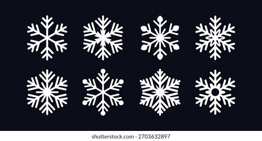 Conjunto de iconos de copo de nieve. Símbolos de nieve de invierno aislados sobre un fondo oscuro. Ilustración vectorial.