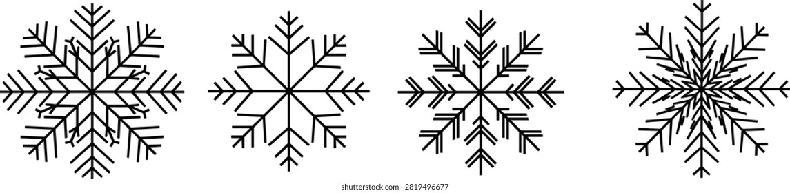 Snowflake icons in unique symmetrical designs, six branches, winter season, cold weather, Christmas decoration, frozen ice crystal, holiday vector illustration set