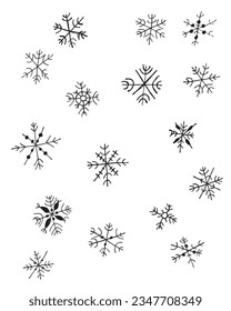 Imagen de ilustración de copo de nieve. 
Imagen dibujada a mano de un copo de nieve. 
Simple y lindo logo original.
Ilustración vectorial dibujada a mano para afiches, tarjetas, camisetas.