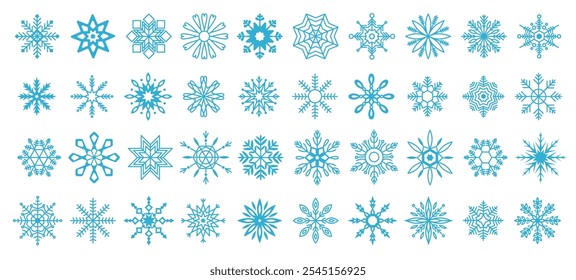 Snowflake intricate designs blue linear icons collection. Beauty and wonder of winter weather perfect for Christmas holiday objects set