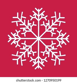 Snowflake isolated icon and sign design on red background. Snow freeze winter thin line outline white icon 