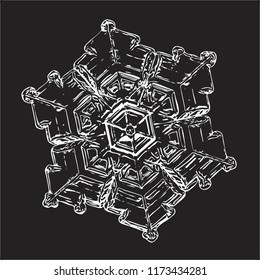 Snowflake isolated on black background. This vector illustration based on macro photo of real snow crystal: small star plate with six short, broad arms, glossy surface and complex inner structure.