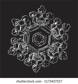 Snowflake isolated on black background. This vector illustration based on macro photo of real snow crystal: small star plate with six short, broad arms, glossy surface and complex inner structure.
