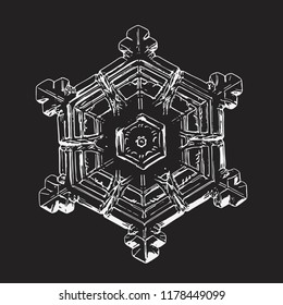 Snowflake isolated on black background. This vector illustration based on macro photo of real snow crystal: small star plate with six short, ornate arms, relief surface and complex inner structure.