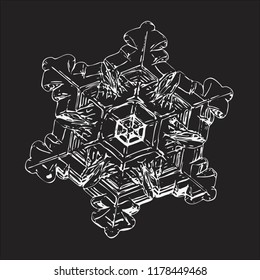 Snowflake isolated on black background. This vector illustration based on macro photo of real snow crystal: beautiful star plate with six short, simple arms, relief surface and complex inner pattern.