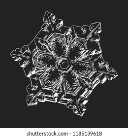 Snowflake isolated on black background. This vector illustration based on macro photo of real snow crystal: small star plate with six short, broad arms, glossy surface and complex inner structure.