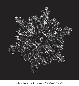 Snowflake isolated on black background. Vector illustration based on macro photo of real snow crystal: large stellar dendrite with hexagonal symmetry, complex ornate shape and glossy relief surface.