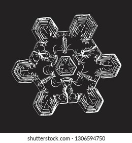 Snowflake isolated on black background. Vector illustration based on macro photo of real snow crystal: unusual star plate with triangular symmetry, six short, straight arms and complex inner details.