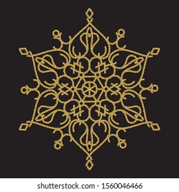 Snowflake isolated on black background. Gold glitter texture. Vector Illustration