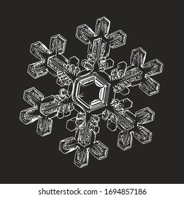 Sombrero aislado en fondo negro. Ilustración vectorial basada en cristales de nieve reales a gran aumento: elegante dendrita estelar con fina simetría hexagonal, formas ornamentadas y detalles complejos.